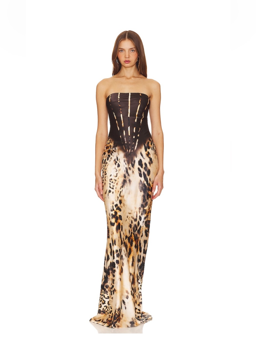 Strapless Leopard Print Satin Maxi Dress